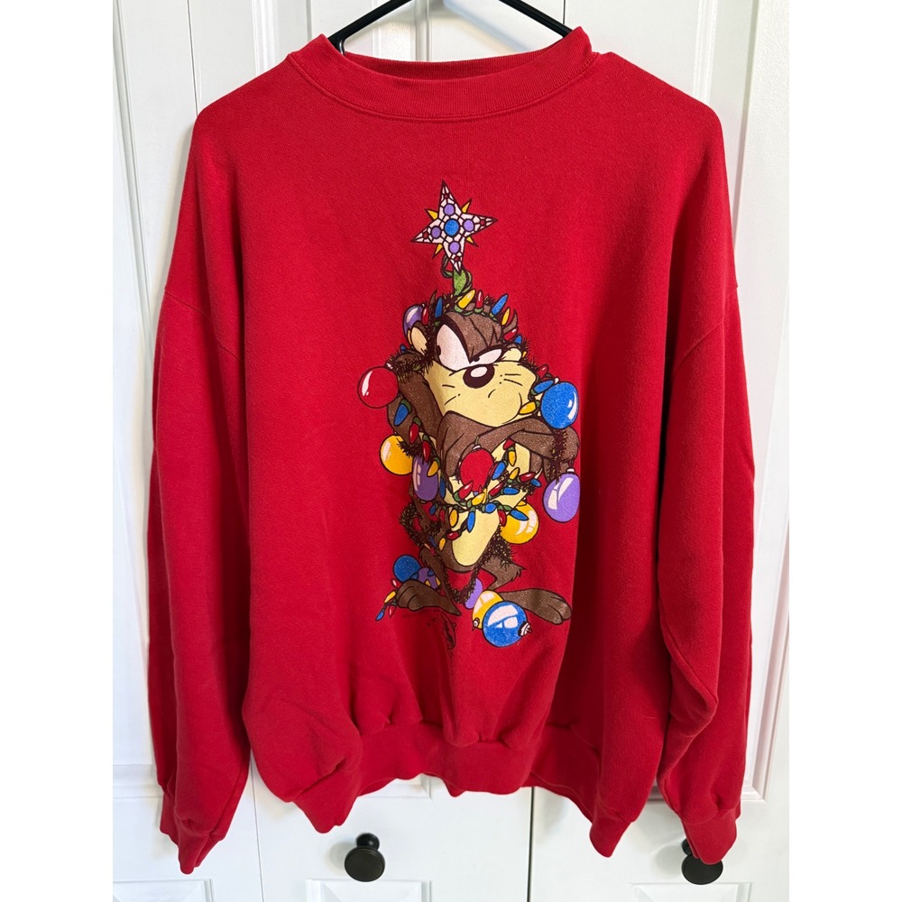 Vintage 1993 Tultex Looney Tunes Taz Christmas Lights Sweatshirt Red XL